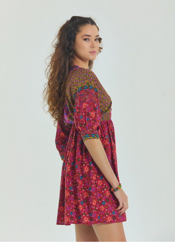 V Neck Elastic Waist Backless Red Floral Dress 4564